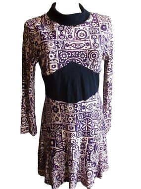 True Vintage Dress 6/8 1970's Mod Purple Print Acetate Mini Geometric Zipback